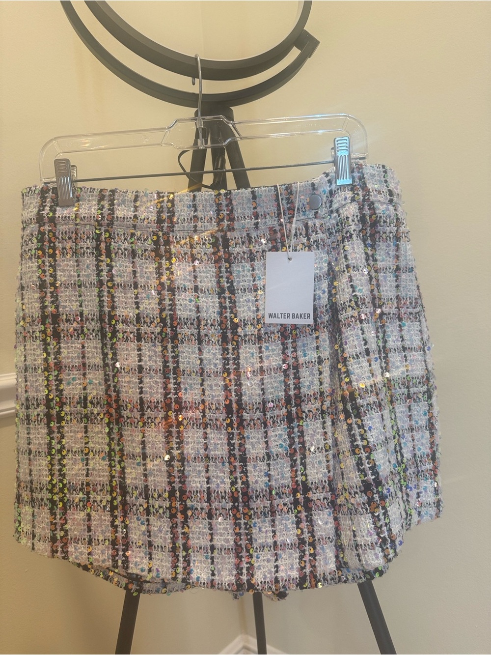 Walter Baker White Tweed Mini Skirt with Multicolor Sequin Plaid